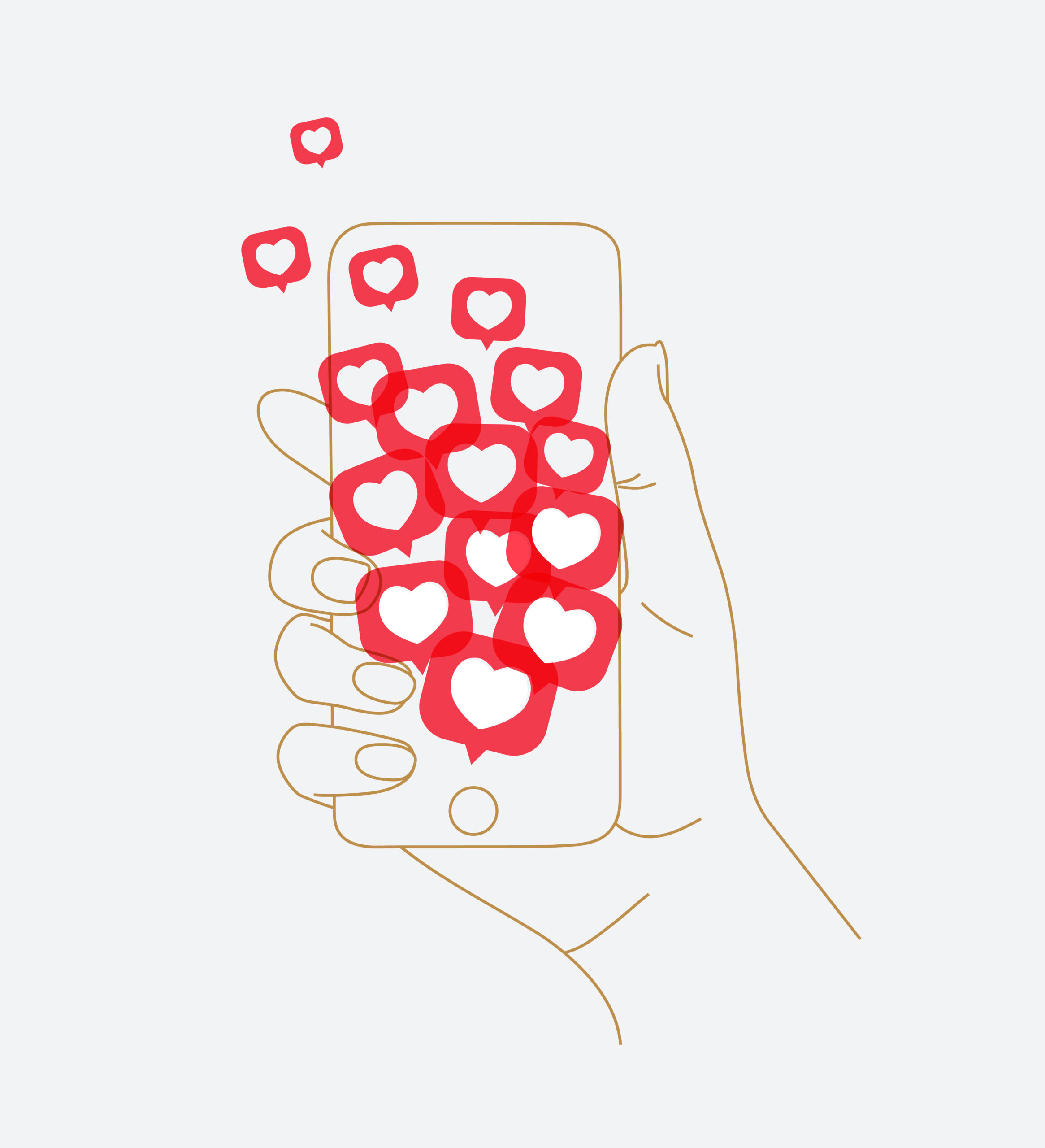 Phone in hand with many like symbols drawing thin lines on white background